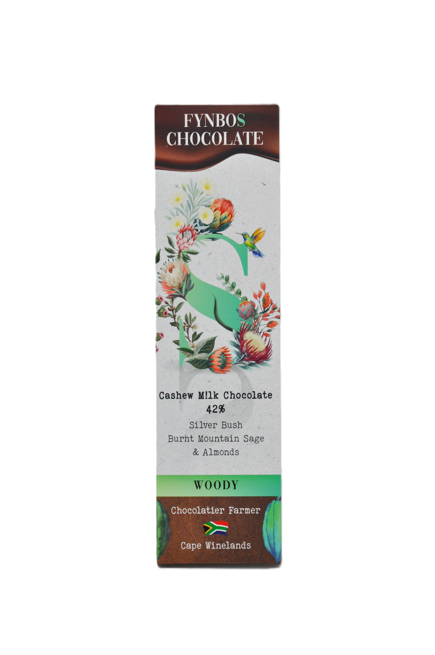 FYNBOS-S chocolate slab, 42% cashew milk, Woody